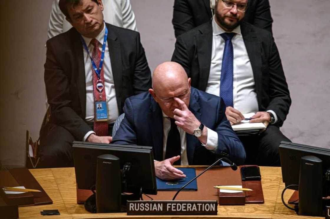Russia's ambassador to the United Nations, Vasily Nebenzia, slammed Western members of the UN Security Council for "pushing" Moscow to use its veto power and reject a resolution condemning his country for annexing parts of Ukraine Russia's ambassador to the United Nations, Vasily Nebenzia, slammed Western members of the UN Security Council for "pushing" Moscow to use its veto power and reject a resolution condemning his country for annexing parts of Ukraine