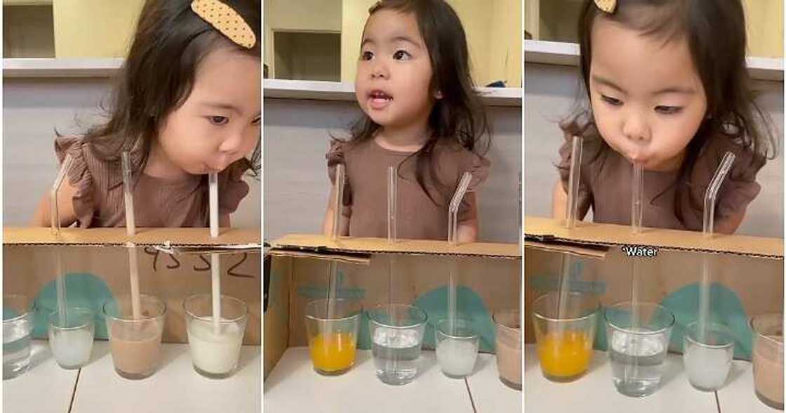 Little girl sips drinks, guess, drink Little girl sips drinks, guess, drink