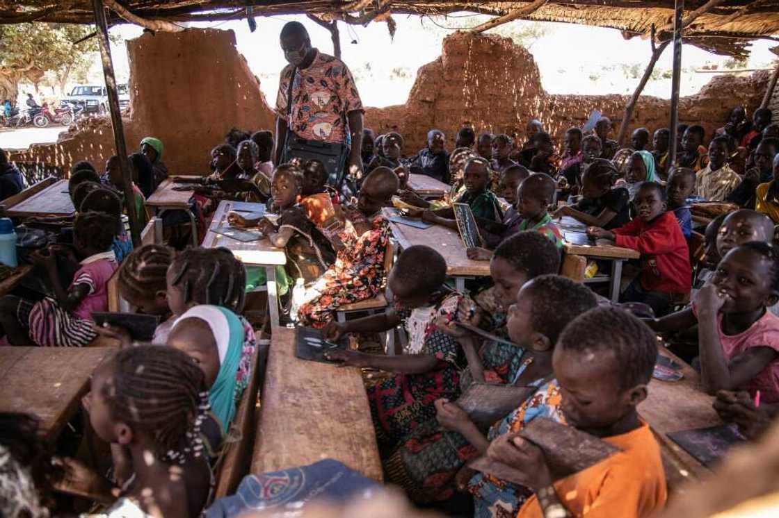 The jihadist insurgency in Burkina Faso has displaced more than two million people. Pictured: A makeshift classroom in the north-central town of Kaya The jihadist insurgency in Burkina Faso has displaced more than two million people. Pictured: A makeshift classroom in the north-central town of Kaya