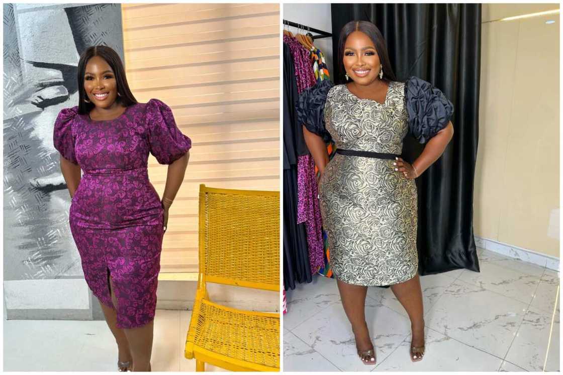 A lady donning different damask bodycon dresses A lady donning different damask bodycon dresses