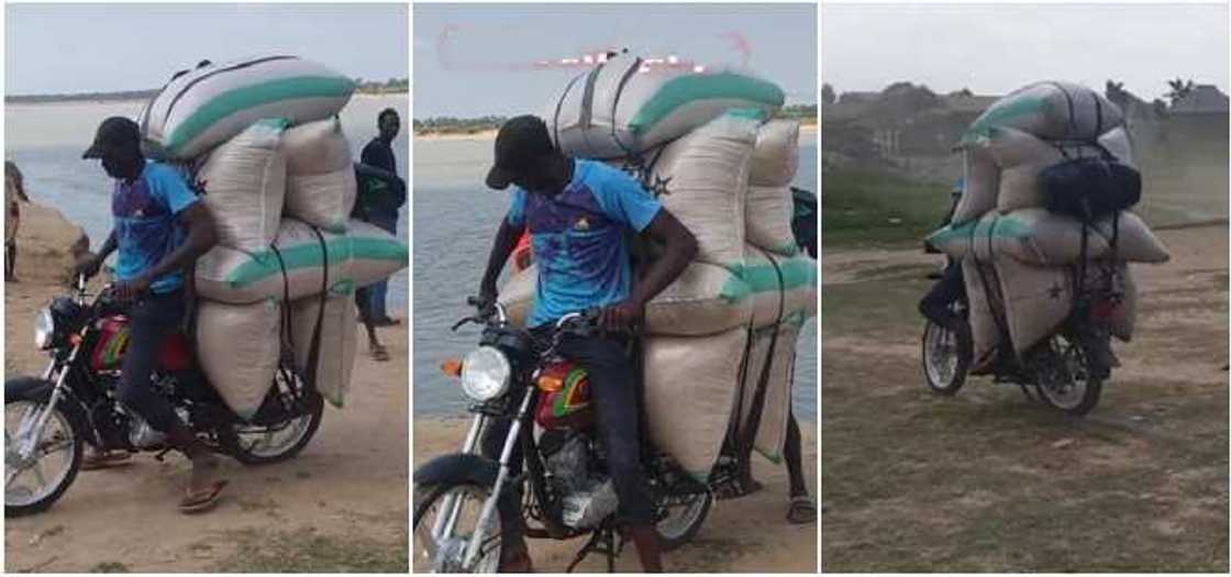 Okada man seen loading his bike with 7 bags of grain and speeding off in video Okada man seen loading his bike with 7 bags of grain and speeding off in video