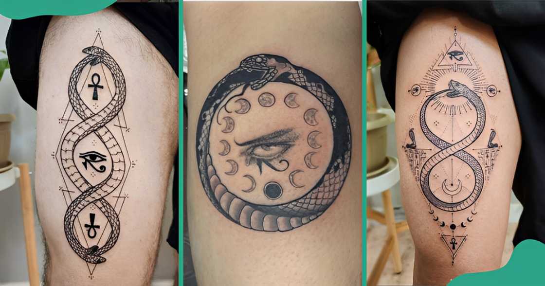 Eye of Horus tattoos with an Ouroboros symbol on the arms. Eye of Horus tattoos with an Ouroboros symbol on the arms.