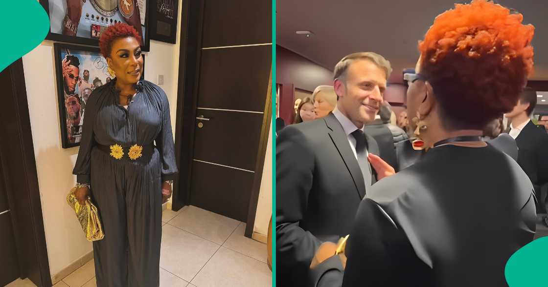 Burna Boy's mother strikes pose with French President. Burna Boy's mother strikes pose with French President.