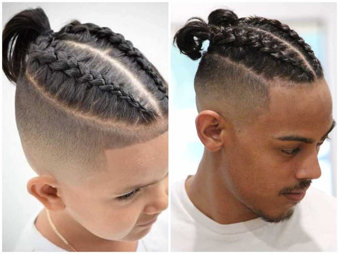 Two people with low ponytail braids Two people with low ponytail braids