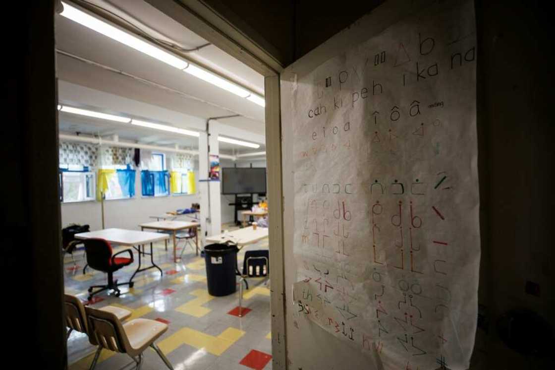 Cree syllabics are posted at the entrance to a classroom at University nuhelt'ine tahiyots'i nistameyimakanak Blue Quills. Indigenous languages were once banned at this former residential school turned First Nation university, in St Paul, Alberta, Canada