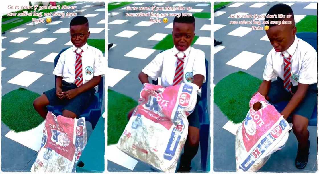 Photos of a boy who got Dangote sack as a school bag. Photos of a boy who got Dangote sack as a school bag.