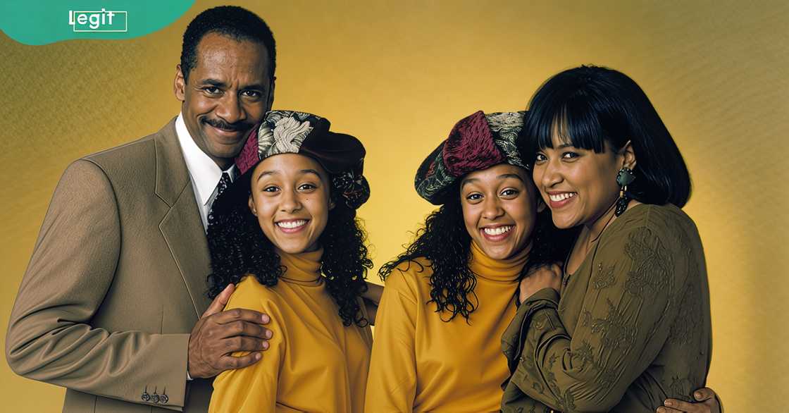 Sister, Sister cast members (L-R): Ray Campbell, Tamera, Tia, and Lisa Landry pose for the show's promotional poster. Sister, Sister cast members (L-R): Ray Campbell, Tamera, Tia, and Lisa Landry pose for the show's promotional poster.