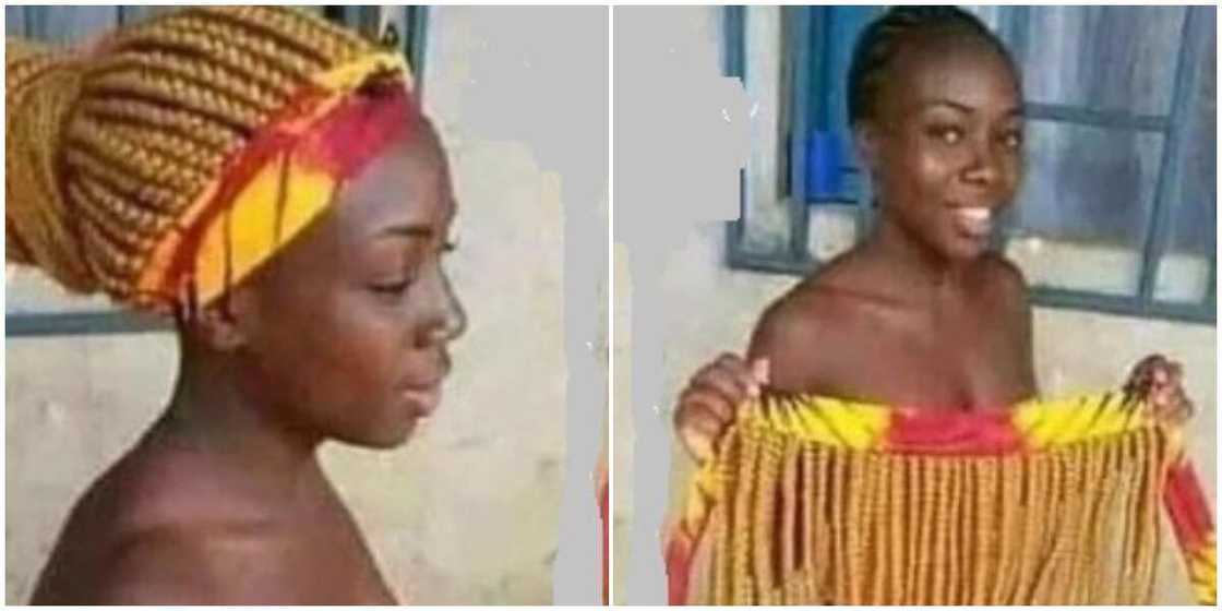 Photos of a lady showing off unique braided 'ankara wig'. Photos of a lady showing off unique braided 'ankara wig'.