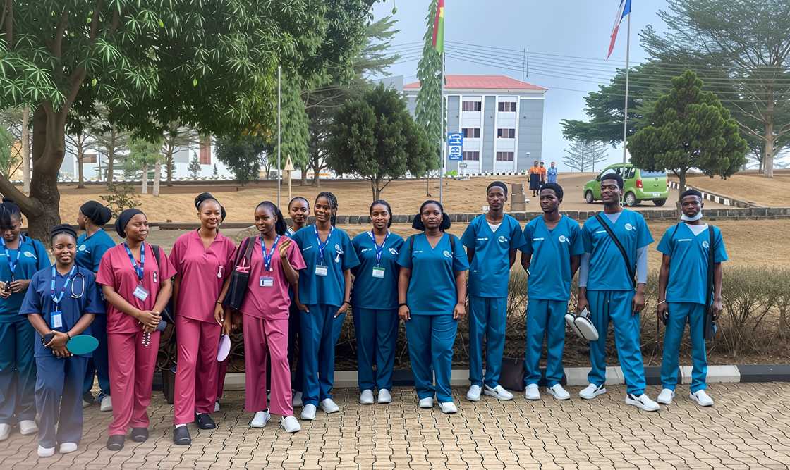 Caleb University nursing students pose for photographs before commencing their clinical posting.