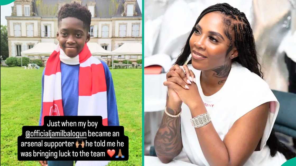 Tiwa Savage shares a lovely picture of her son, Jamil, proudly wearing an official Arsenal muffler around his neck