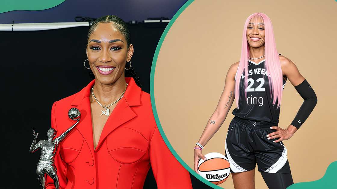 A'ja Wilson at Michelob ULTRA Arena in Las Vegas, Nevada (L). A'ja Wilson at Vu Studios in Las Vegas, Nevada (R) A'ja Wilson at Michelob ULTRA Arena in Las Vegas, Nevada (L). A'ja Wilson at Vu Studios in Las Vegas, Nevada (R)