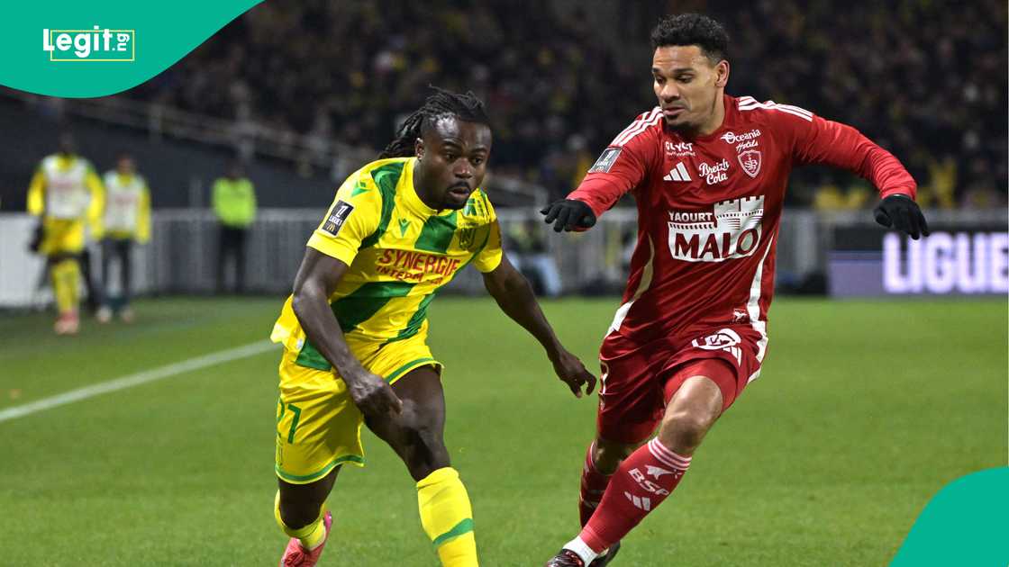 Moses Simon, Kenny Lala, Nantes, Brest, Stade de la Beaujoire-Louis Fonteneau, Nantes, France, Ligue 1. Moses Simon, Kenny Lala, Nantes, Brest, Stade de la Beaujoire-Louis Fonteneau, Nantes, France, Ligue 1.