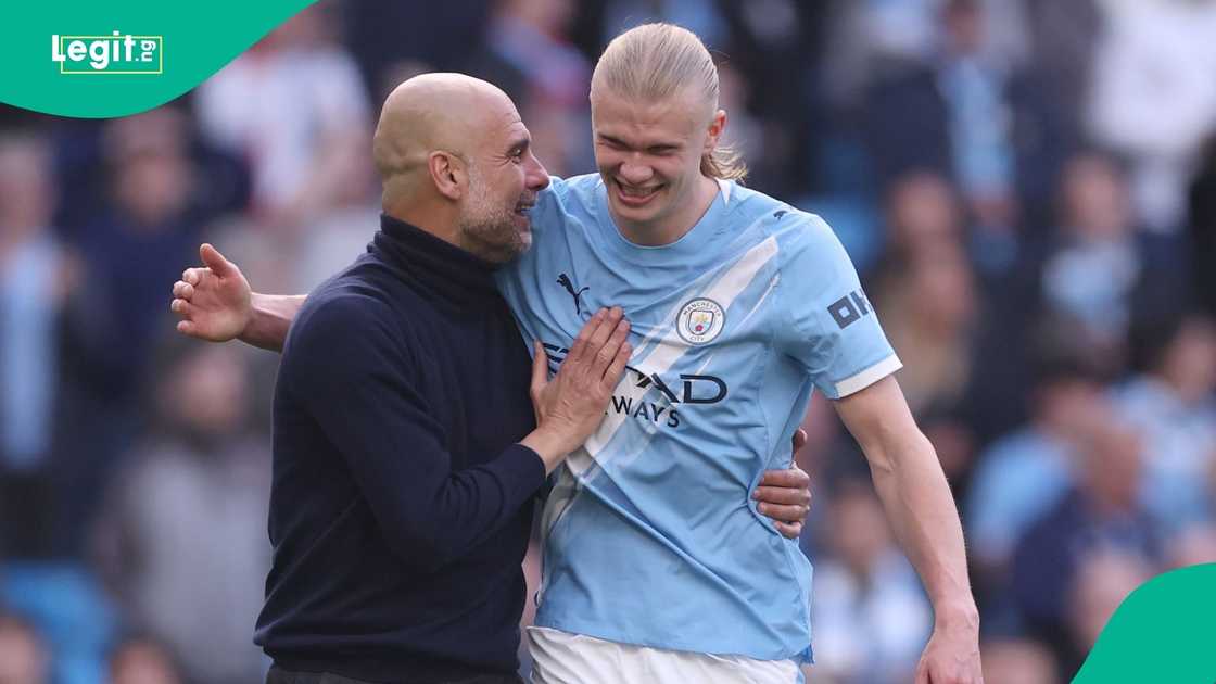 Pep Guardiola, Erling Haaland, Premier League, Manchester City, Arsenal, Etihad Stadium, England. Pep Guardiola, Erling Haaland, Premier League, Manchester City, Arsenal, Etihad Stadium, England.
