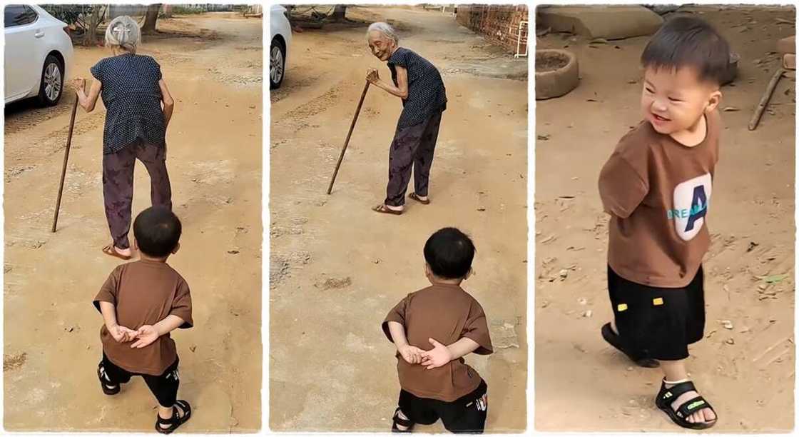 Photos of a little boy walking behind an old woman and copying her movement. Photos of a little boy walking behind an old woman and copying her movement.
