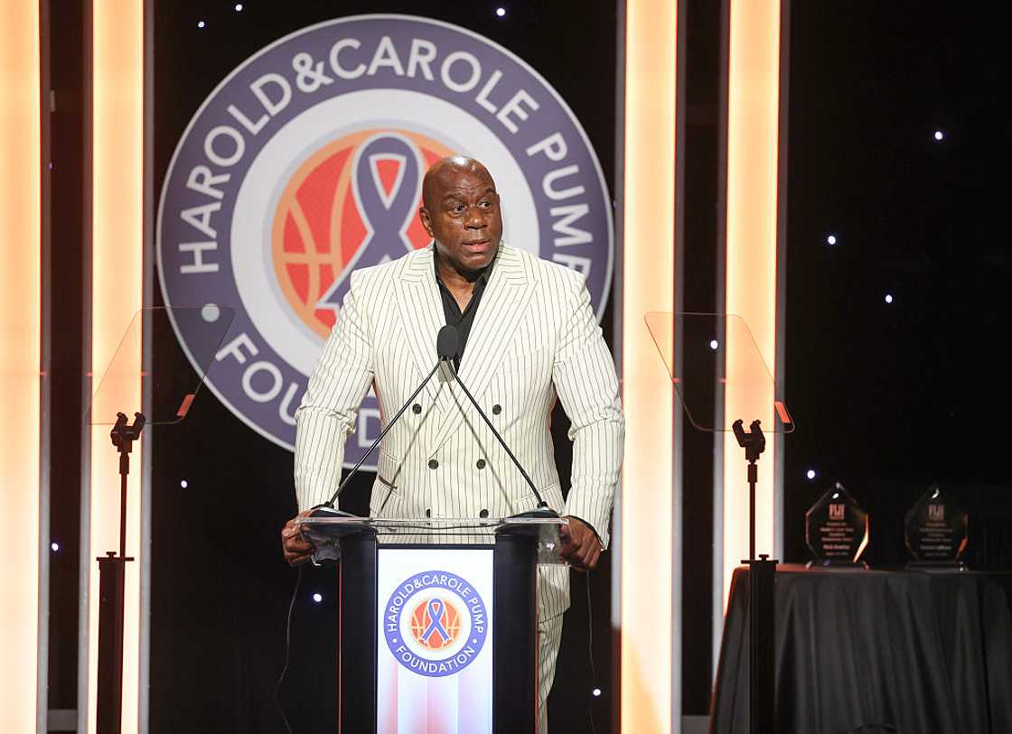 Magic Johnson speaks at the Harold and Carole Pump Foundation Annual Celebrity Dinner