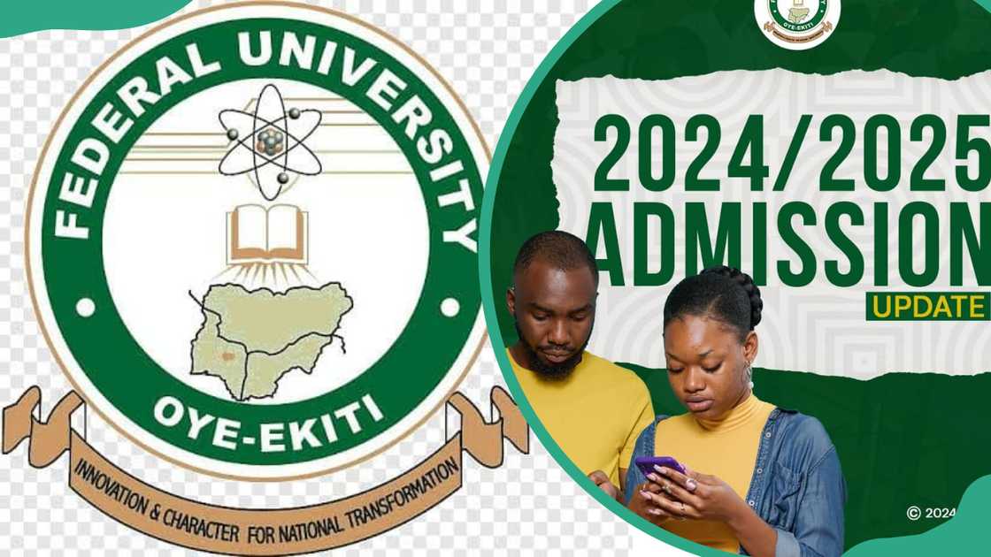 FUOYE logo and students checking for their admission FUOYE logo and students checking for their admission