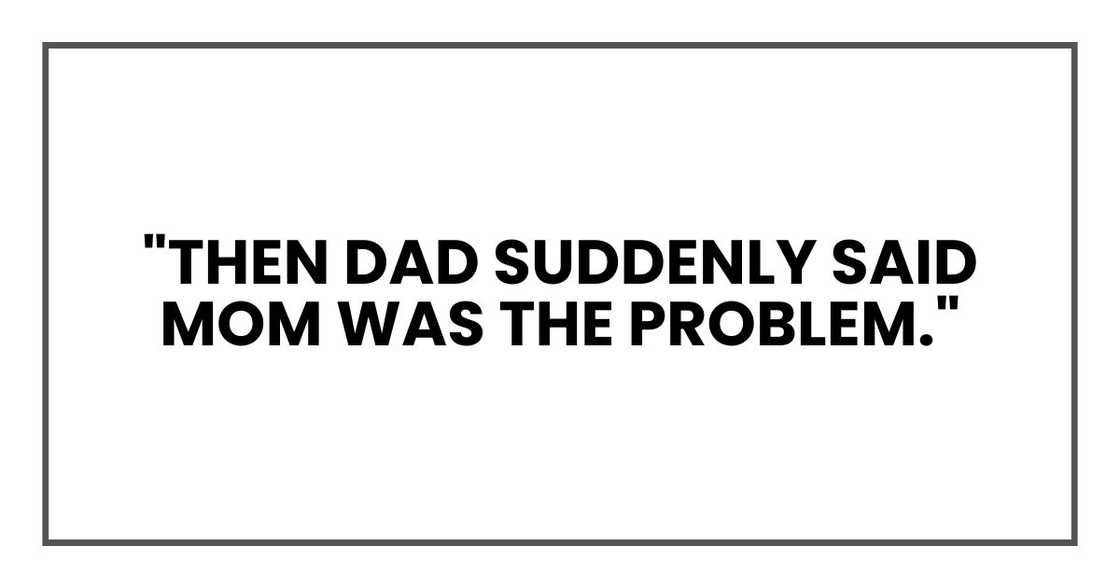 "Then Dad suddenly said Mom was the problem." "Then Dad suddenly said Mom was the problem."