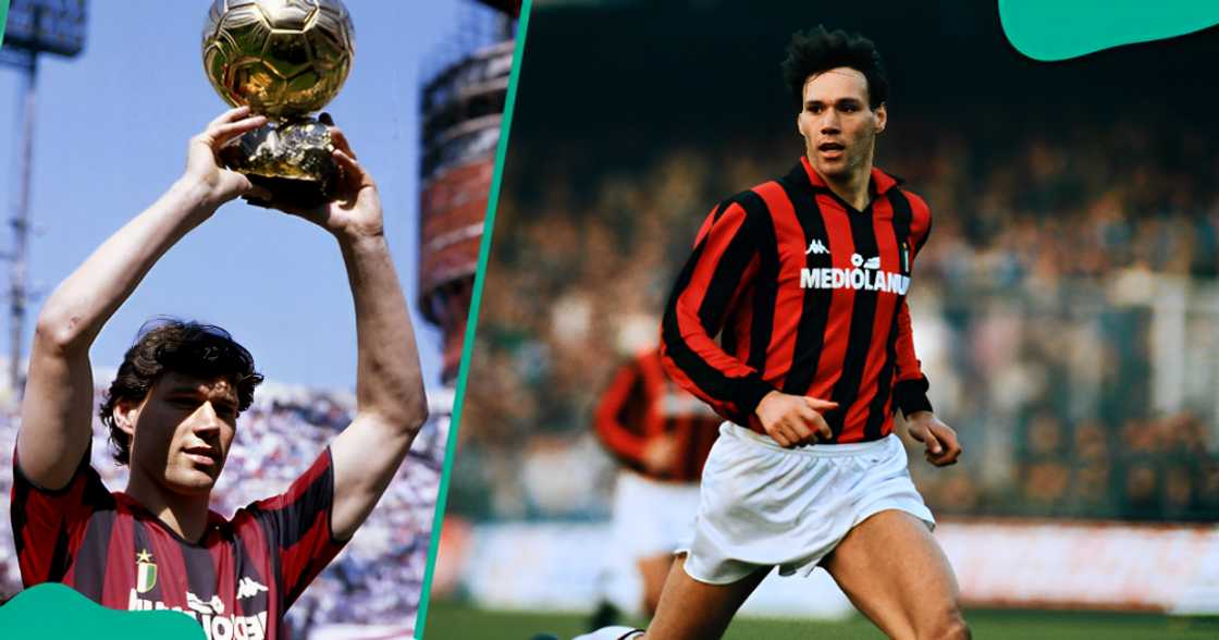 Marco Van Basten raises his Ballon d'Or trophy in celebration (L). The footballer is pictured running on a football field (R).