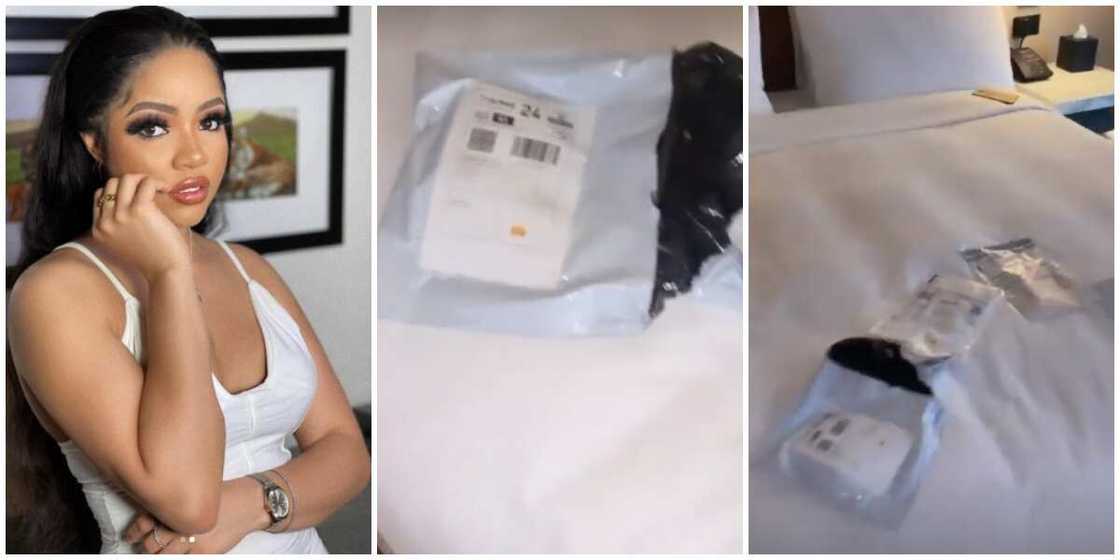 Photos of Nengi and the COVID-19 test kits. Photos of Nengi and the COVID-19 test kits.