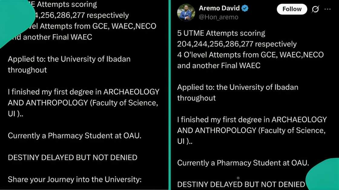 University of Ibadan graduate trends online after revealing JAMB attempts and O’level results University of Ibadan graduate trends online after revealing JAMB attempts and O’level results
