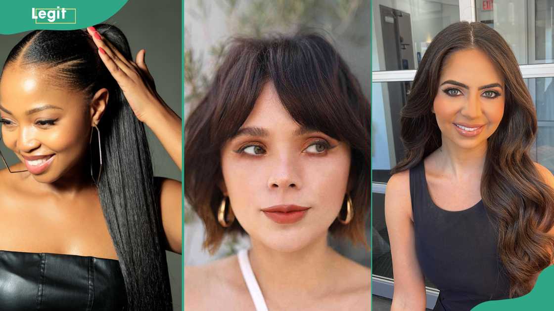 Ladies displaying 80s ponytail (L), Bob with bangs (C) Middle part (R) Ladies displaying 80s ponytail (L), Bob with bangs (C) Middle part (R)