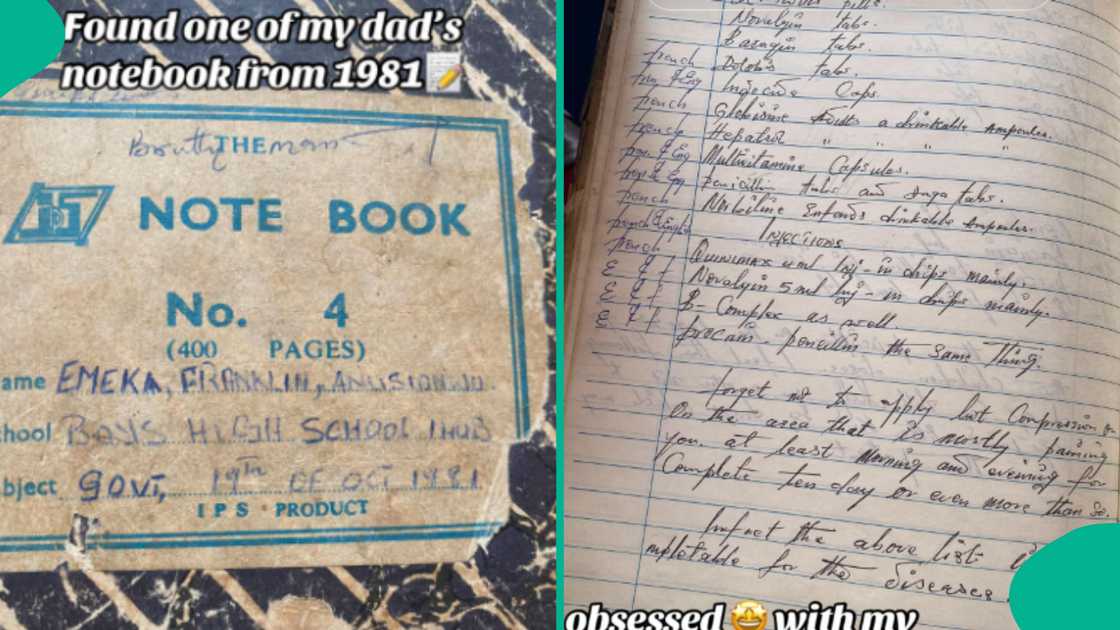 Reactions as lady displays her father's fine handwriting after finding his 1981 notebook