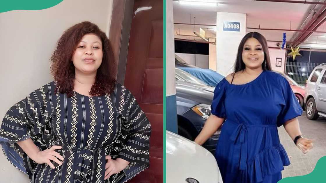 Joke Jigan posing in a print dress (L), and the actress standing in a car park in a blue dress (R) Joke Jigan posing in a print dress (L), and the actress standing in a car park in a blue dress (R)