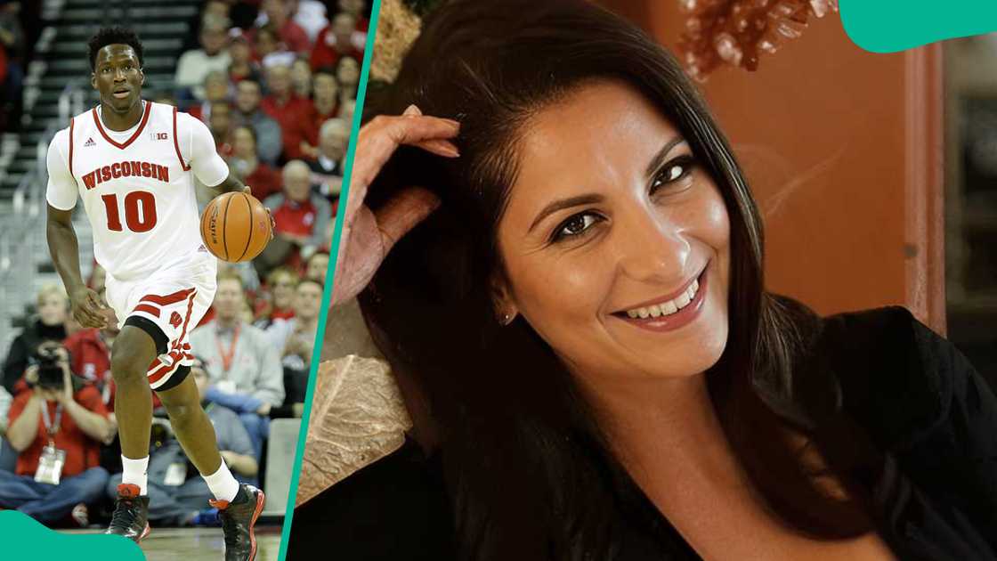 Nigel Hayes of the Wisconsin Badgers dribbling basketball up the court and Debra Bollman touches her hair in a pose Nigel Hayes of the Wisconsin Badgers dribbling basketball up the court and Debra Bollman touches her hair in a pose