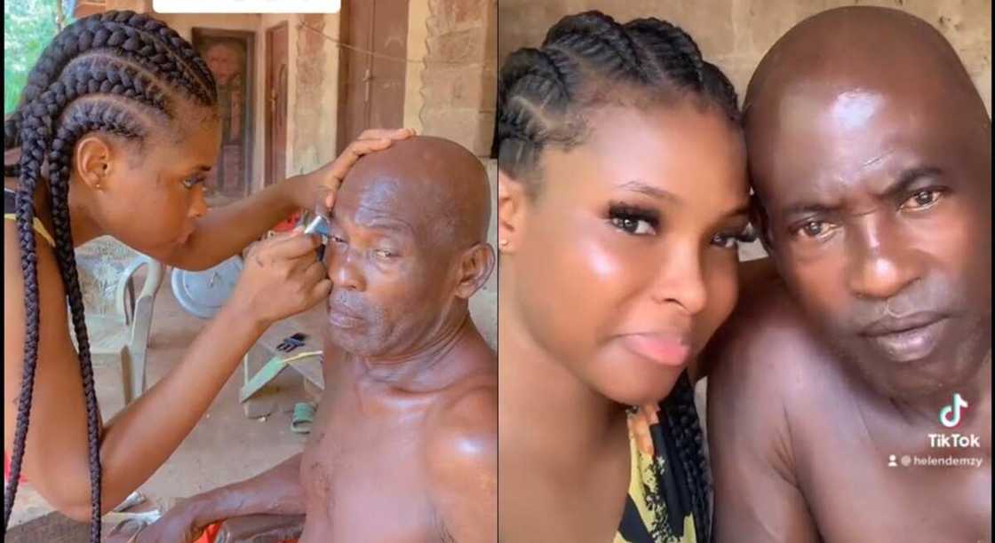 Photos of a Nigerian lady shaving her father's head with razor blade. Photos of a Nigerian lady shaving her father's head with razor blade.