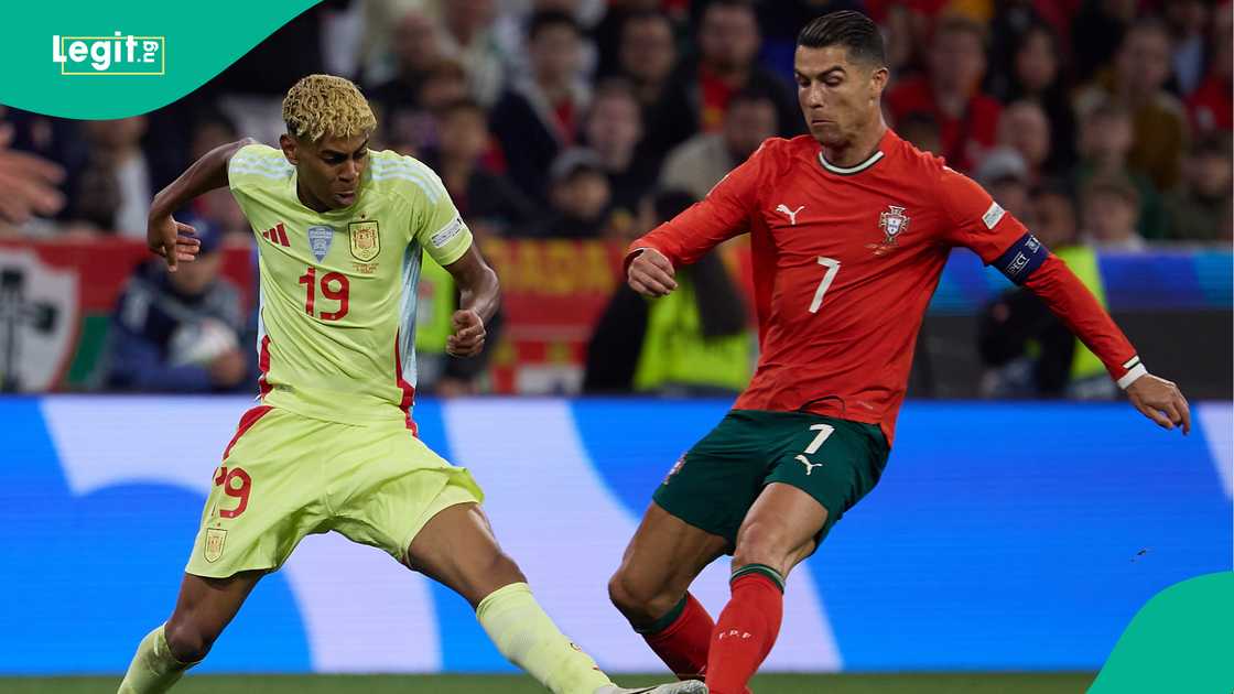Lamine Yamal, Cristiano Ronaldo, Spain, Portugal, Allianz Arena, Munich, Germany, UEFA Nations League. Lamine Yamal, Cristiano Ronaldo, Spain, Portugal, Allianz Arena, Munich, Germany, UEFA Nations League.