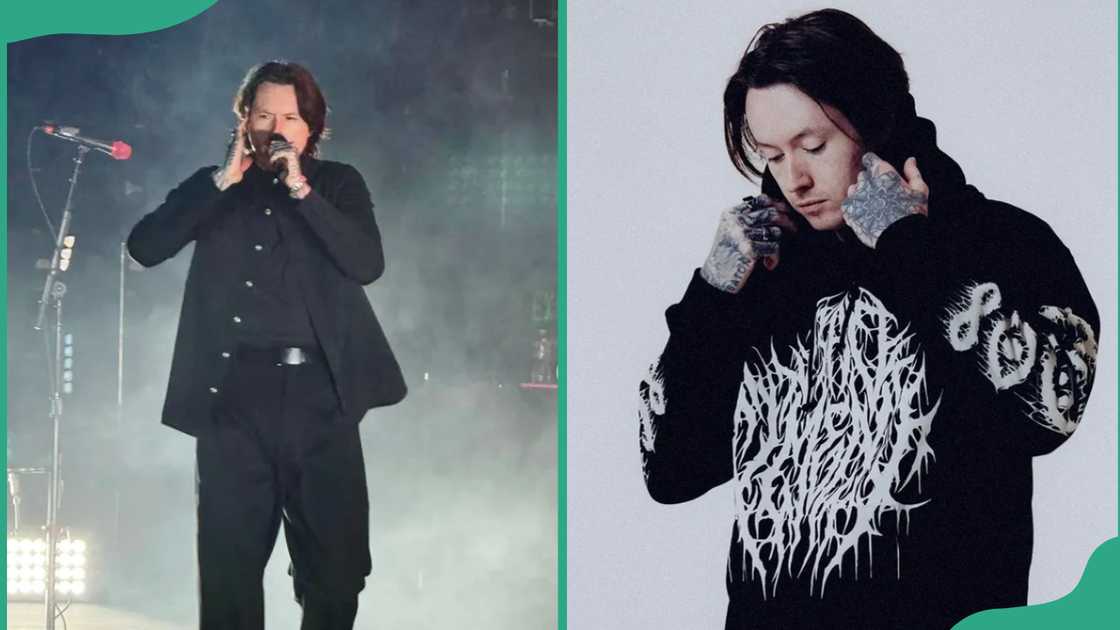 Noah Sebastian performing on stage and posing with a black hoodie with white patterns