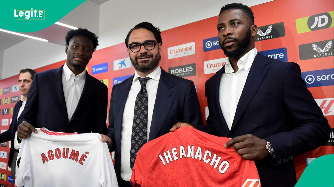 Luis Agoume, Victor Orta, Kelechi Iheanacho, Ramon Sanchez Pizjuan Stadium, Seville, Spain. Luis Agoume, Victor Orta, Kelechi Iheanacho, Ramon Sanchez Pizjuan Stadium, Seville, Spain.