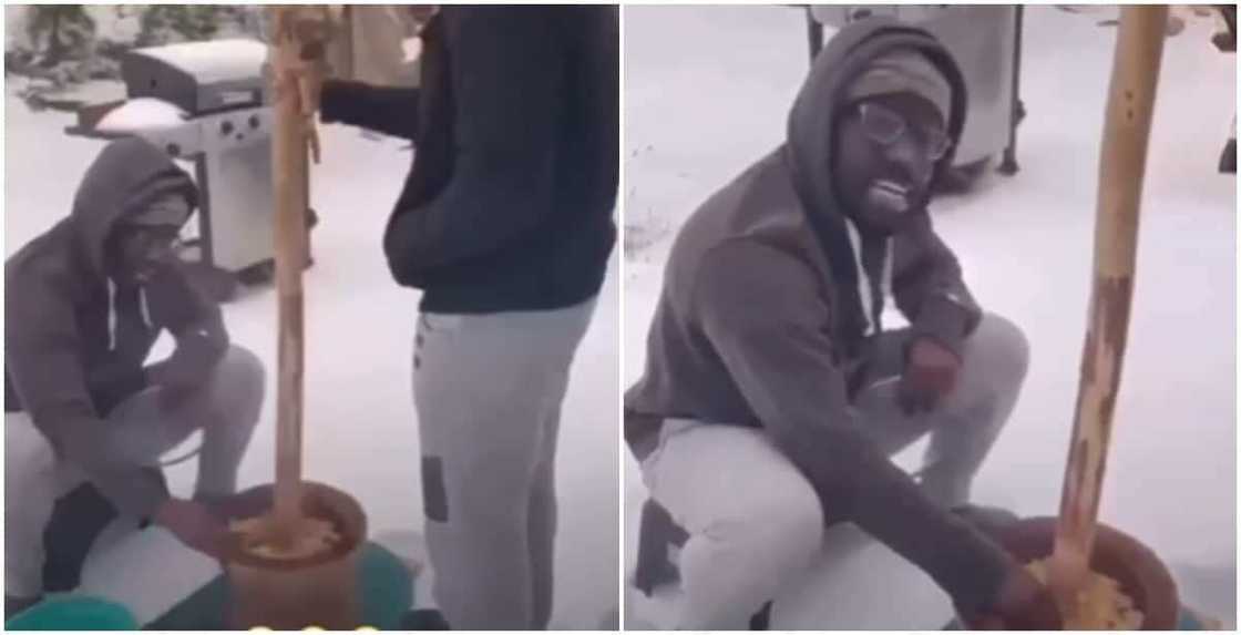 Social media reacts to video of people pounding fufu in snow abroad Social media reacts to video of people pounding fufu in snow abroad