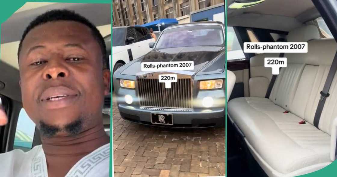 Man shows off expensive Rolls Royce Phantom.