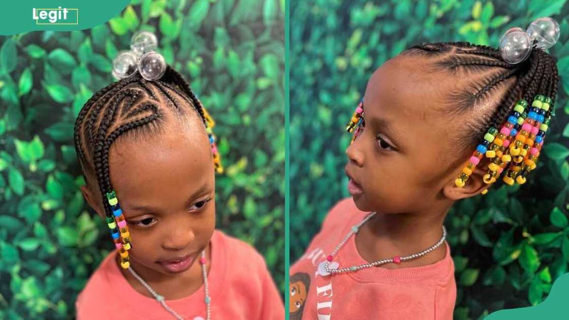 Young girl showcasing cornrows styled with beads Young girl showcasing cornrows styled with beads