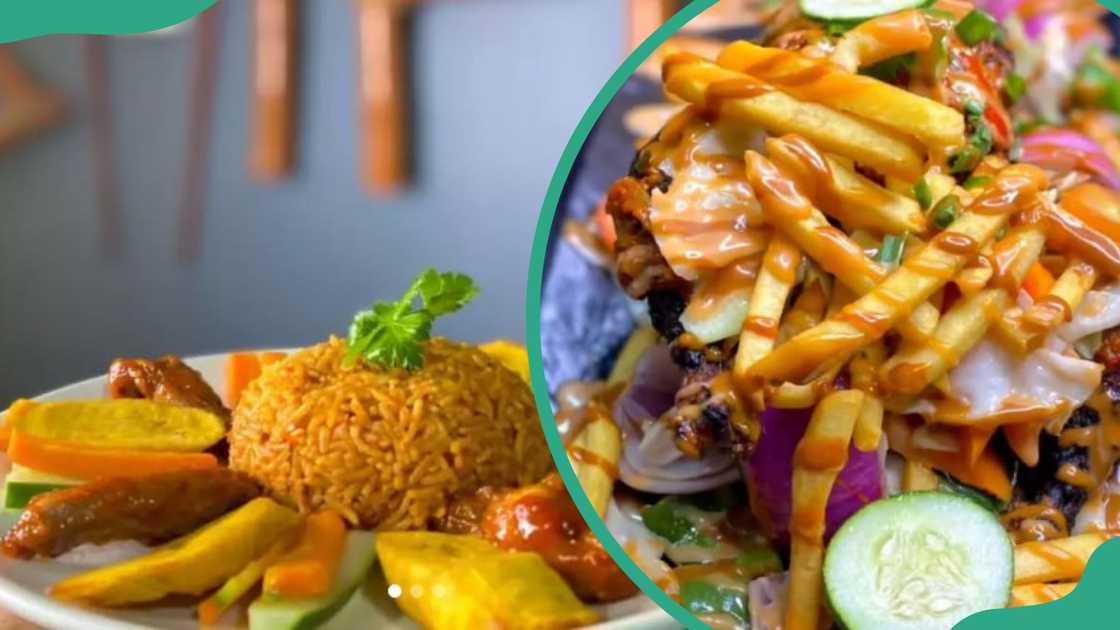 A plate of Jollof rice with plantains and carrots (L). A platter of French fries with sauce, onions, and cucumber (R) A plate of Jollof rice with plantains and carrots (L). A platter of French fries with sauce, onions, and cucumber (R)