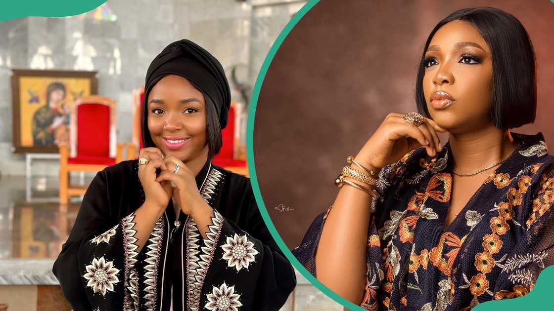 Ekene Umenwa at a church (L) and holding her chin while looking up (R)