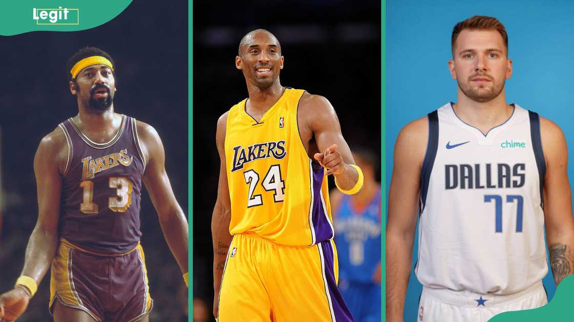 Wilt Chamberlain (L), Kobe Bryant (C) and Luka Dončić (R) . Wilt Chamberlain (L), Kobe Bryant (C) and Luka Dončić (R) .