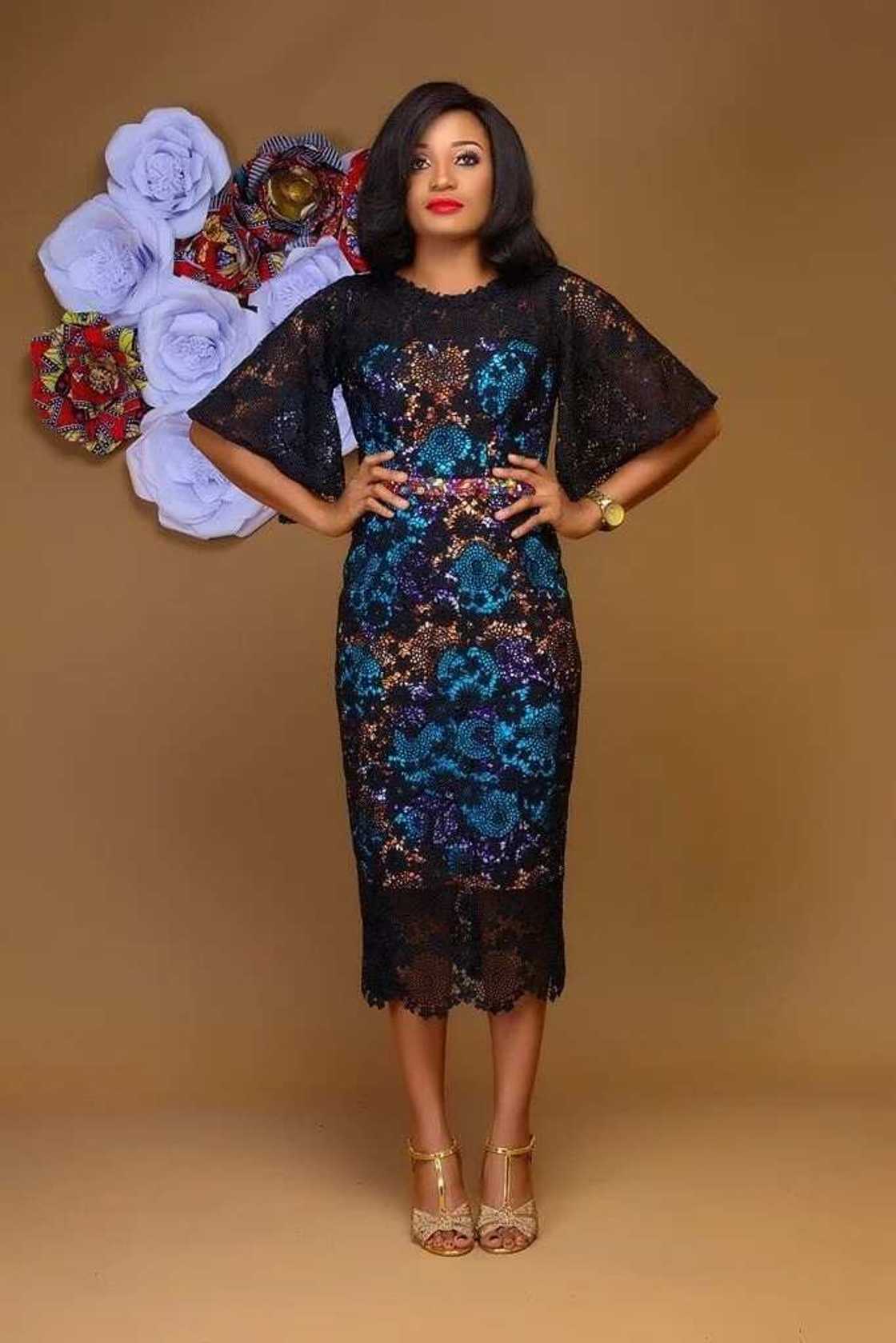 Black lace midi gown with Ankara underdress Black lace midi gown with Ankara underdress