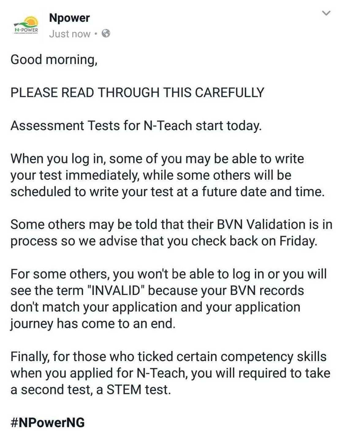 N-power assessment Source: Twitter, npower_ng N-power assessment Source: Twitter, npower_ng