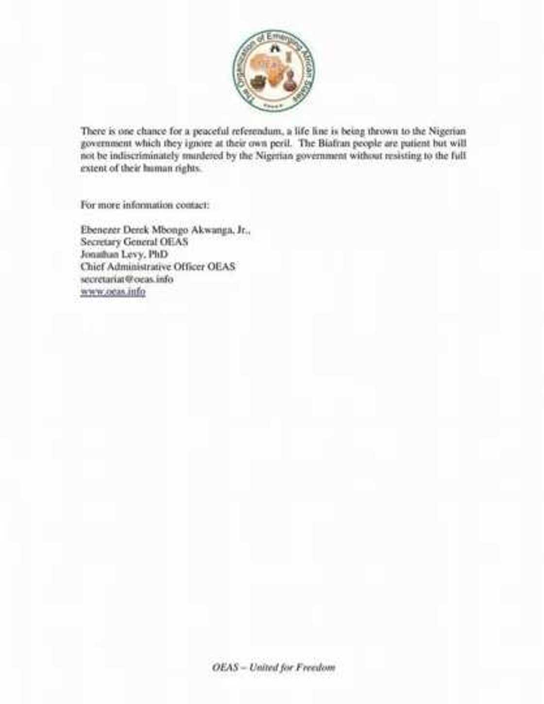 OAES Supports Biafra's Secession, Demands Release Of Its Activists OAES Supports Biafra's Secession, Demands Release Of Its Activists