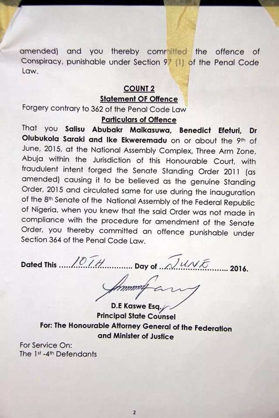 Saraki, Ekweremadu get served with charges for forgery Saraki, Ekweremadu get served with charges for forgery