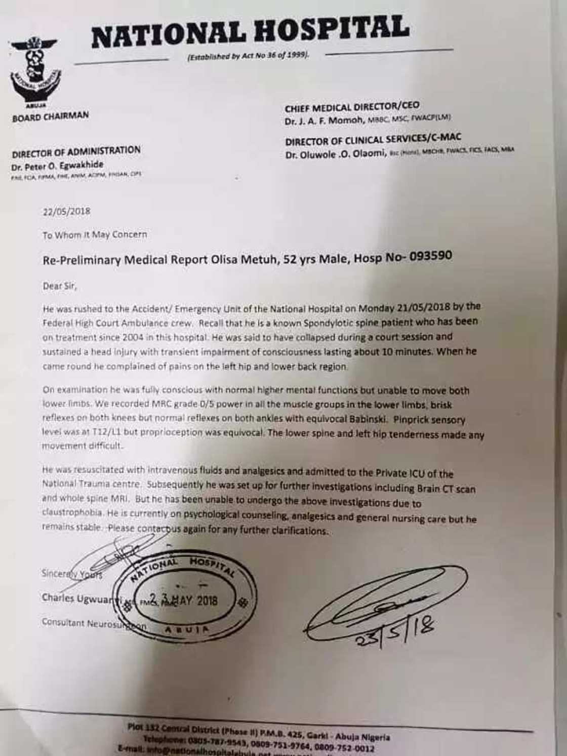 Metuh set to undergo surgery at National Hospital after court fall (document) Metuh set to undergo surgery at National Hospital after court fall (document)