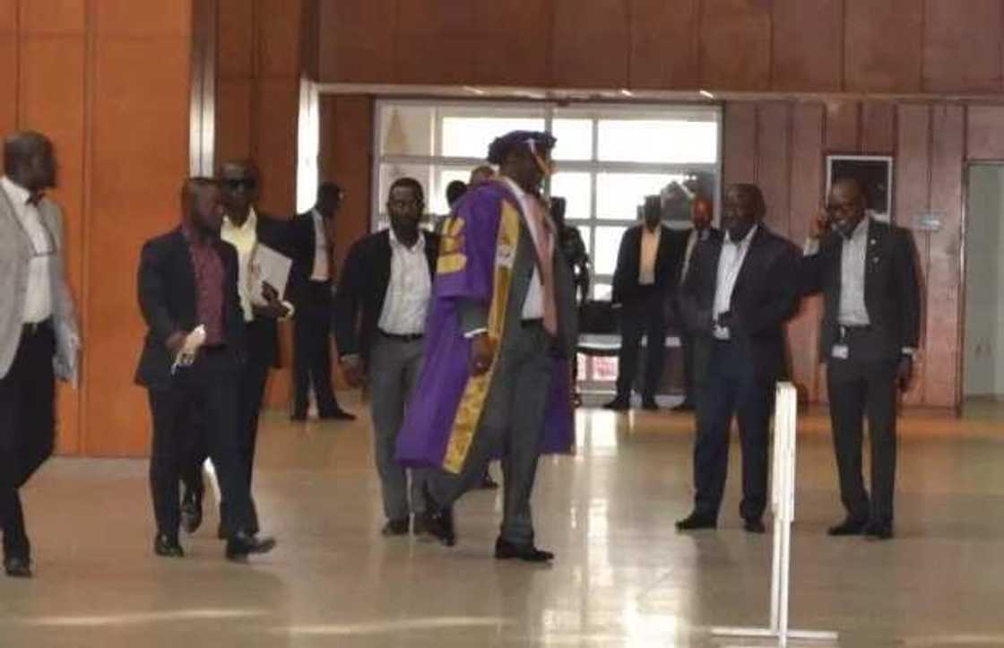 Melaye shows up at the Senate on Tuesday wearing full academic robe and cap. Melaye shows up at the Senate on Tuesday wearing full academic robe and cap.
