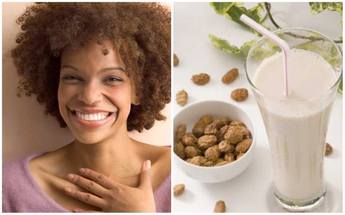 Happy woman and tiger nut milk Happy woman and tiger nut milk