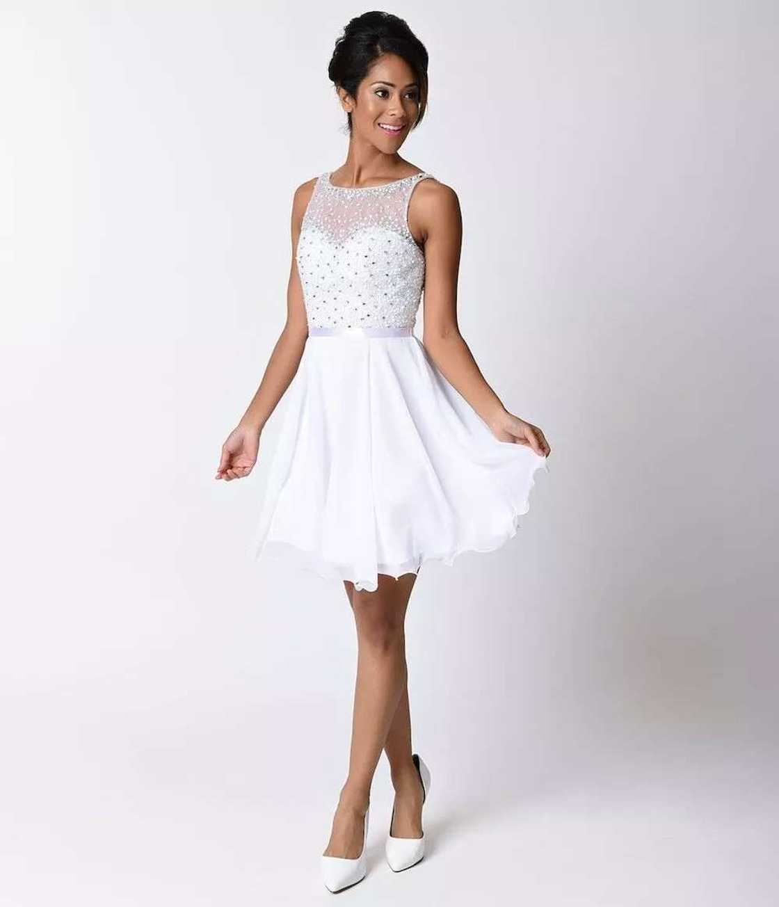 Short white chiffon dress with decor Short white chiffon dress with decor