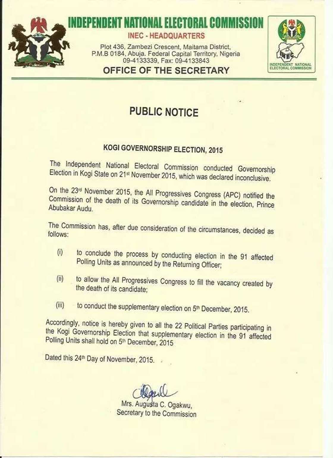 INEC Announces Decision On Kogi Election INEC Announces Decision On Kogi Election