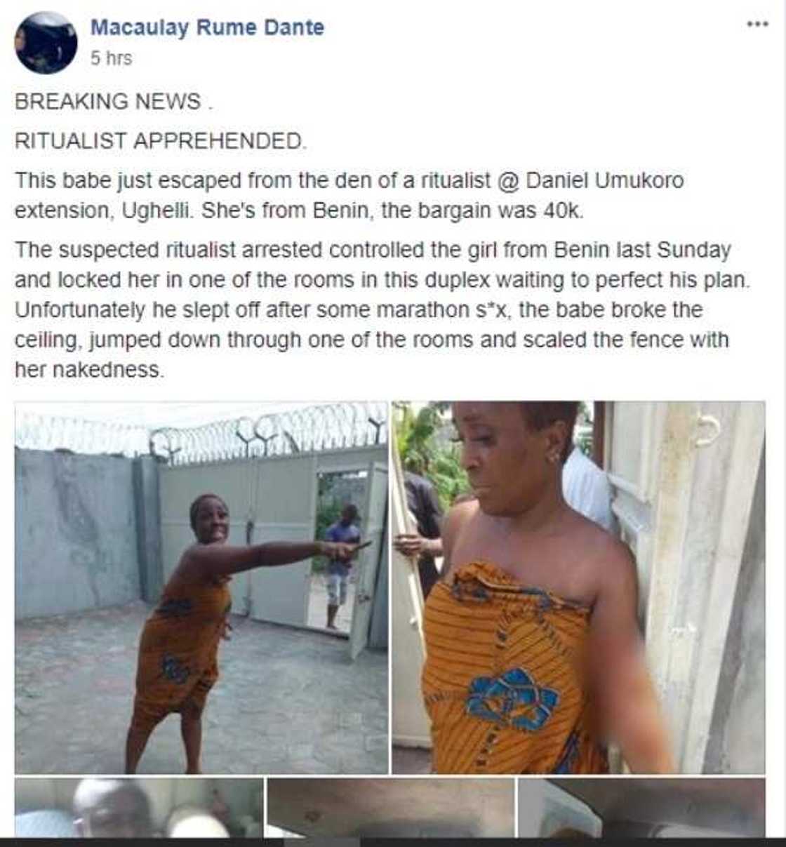 Runs girl who collects N40,000 per night allegedly escapes being used by ritualists