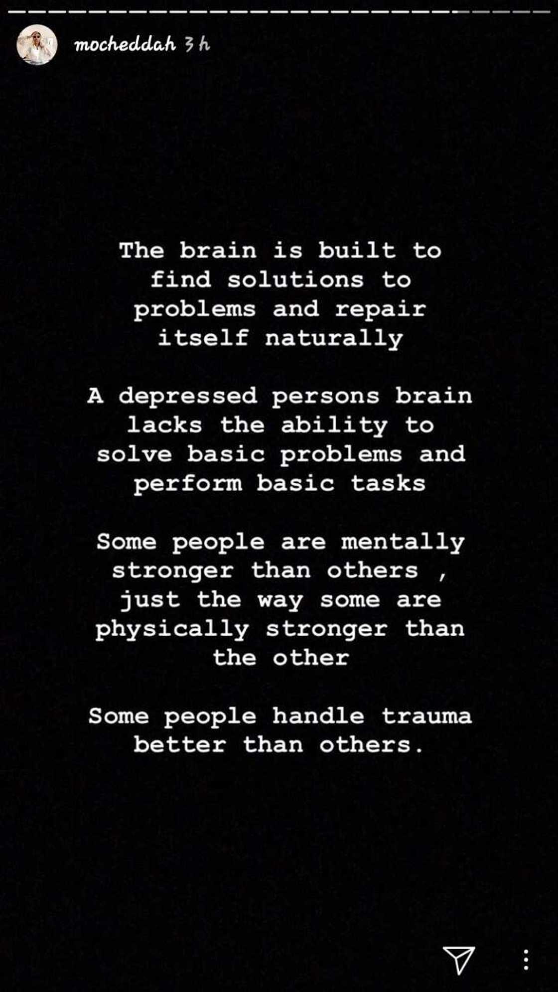 Mocheddah shares piece on how to cope with mechanism, reveals how she suffered depression for over 4 years