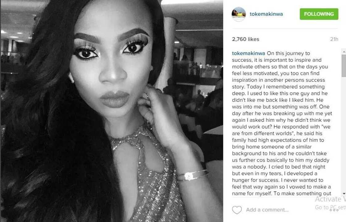 My ex-boyfriend dumped me because my dad was poor - Toke Makinwa My ex-boyfriend dumped me because my dad was poor - Toke Makinwa